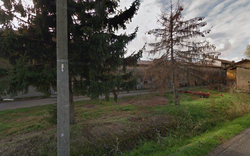 Una scena rurale con un edificio fatiscente sullo sfondo, un palo della luce in primo piano e alberi radi circondati da erba cresciuta troppo. Una macchina agricola rossa è visibile sulla destra.