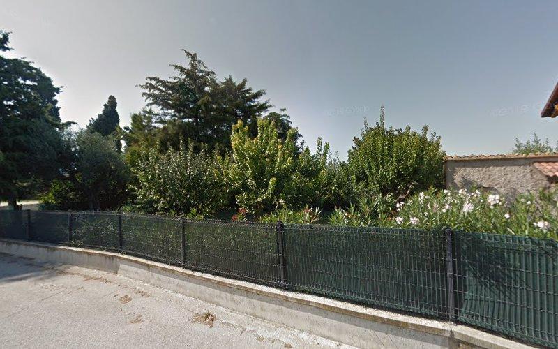 Veduta di una strada residenziale con una recinzione metallica in primo piano e rigogliosi alberi e cespugli verdi sullo sfondo, sotto un cielo limpido.