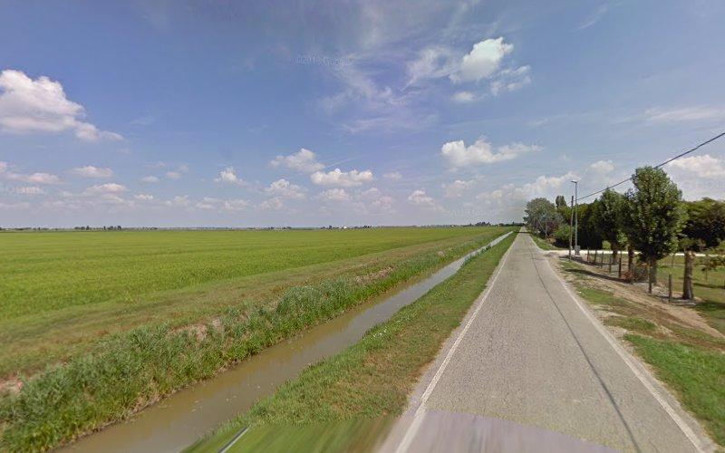 Una strada stretta e asfaltata corre parallela a un canale di drenaggio attraverso terreni agricoli pianeggianti e verdi sotto un cielo azzurro con nuvole sparse. Gli alberi costeggiano il lato destro della strada.